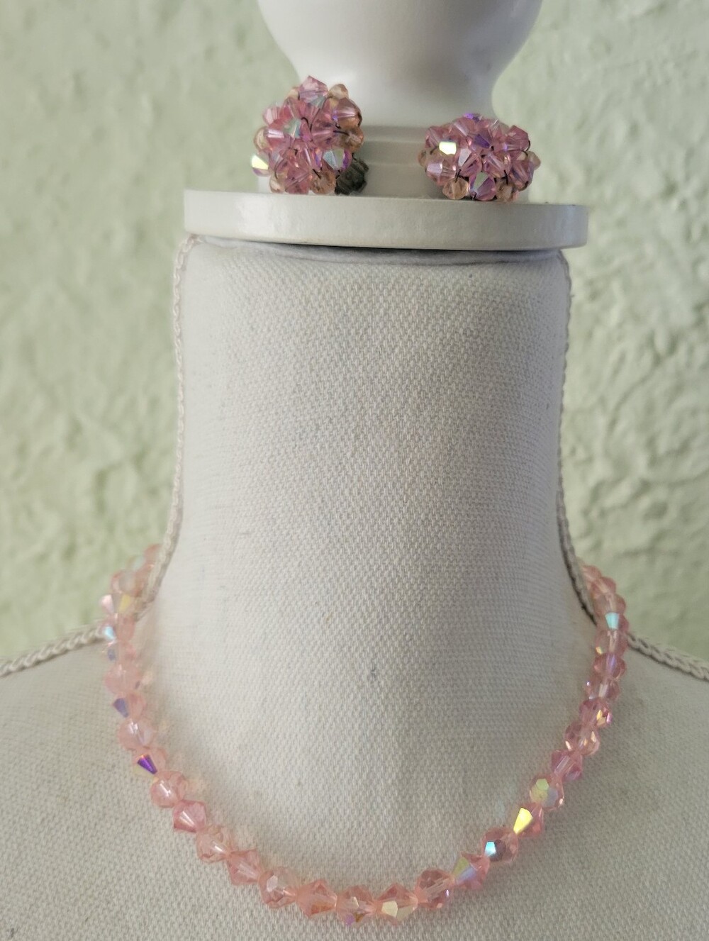 Vintage Pink Faceted Aurora Borealis Glass Beads Beaded Necklace &  Earrings Set
